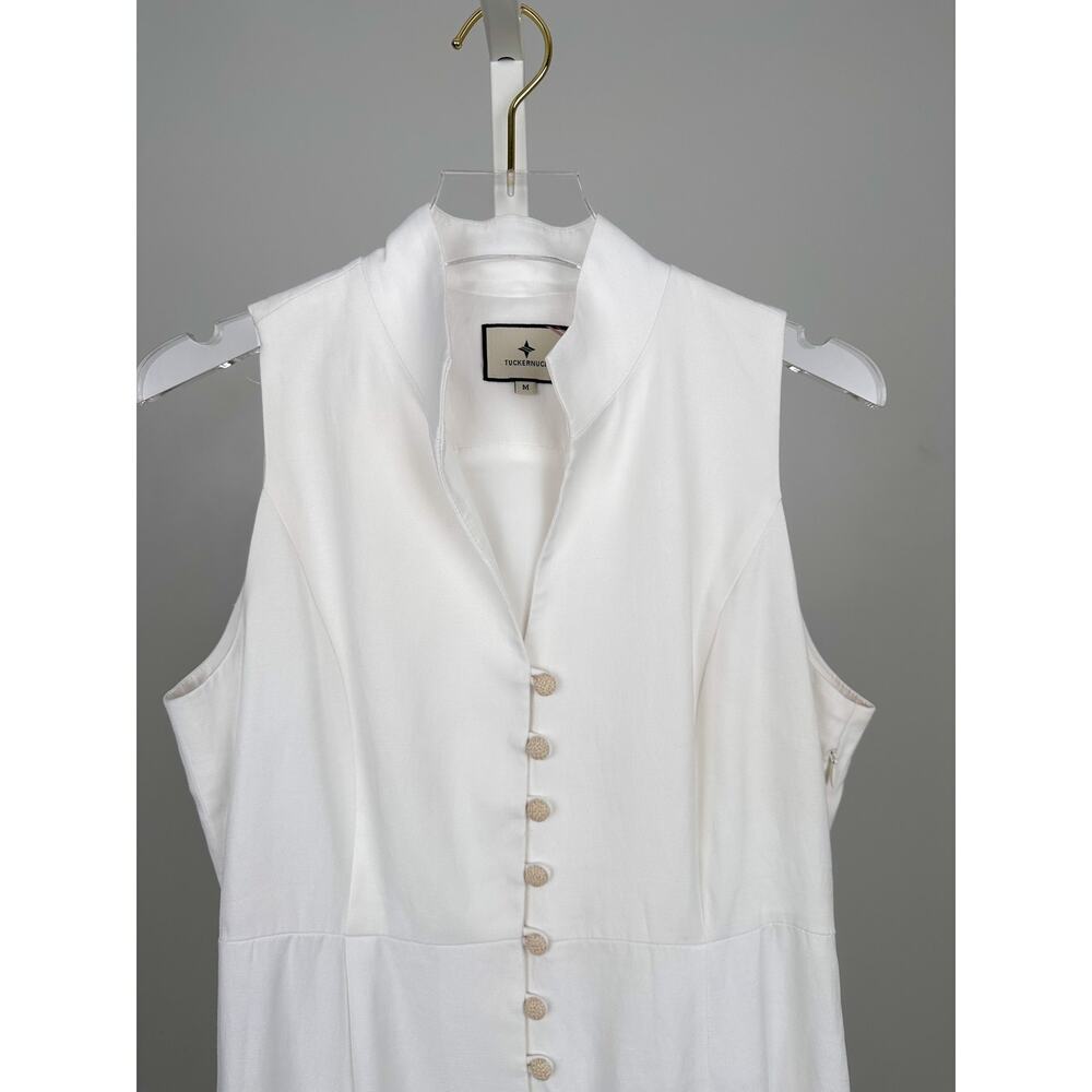 Tuckernuck White Leighton Midi Dress Medium Linen Blend Raffia Button Resort - Picture 3 of 7
